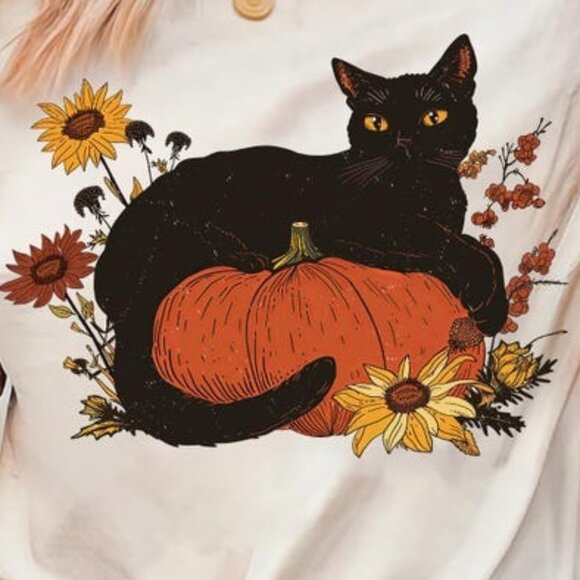 Cat Pumpkin Shirt, Retro Halloween Fall Season Tee - Picture 2 of 4